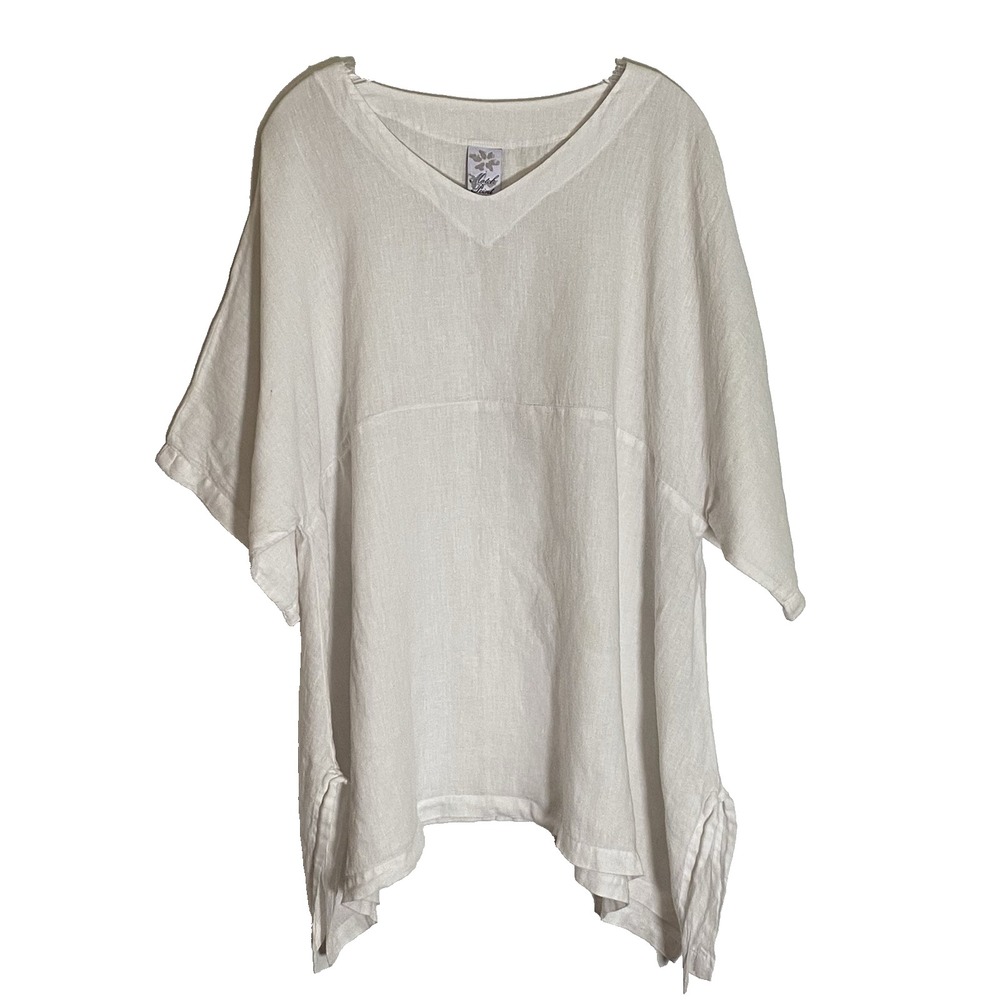 Match Point Top Womens Large White Linen Shark Bite Oversized Coastal Lagenlook